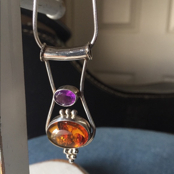 Jewelry - Amethyst & Amber Pendant in Sterling